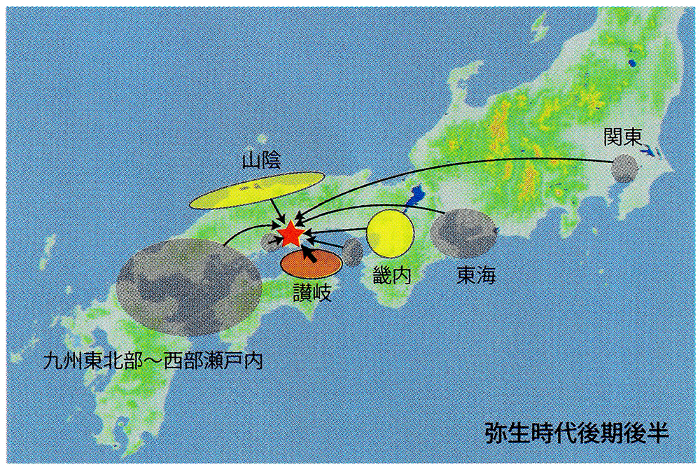弥生時代後期後半の吉備への土器の流入を表した図