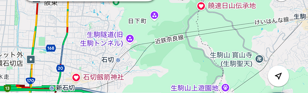 饒速日山と日下町(Googleマップ)