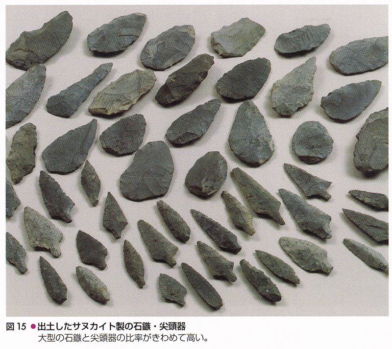 出土したサヌカイト製の石鏃・尖頭器