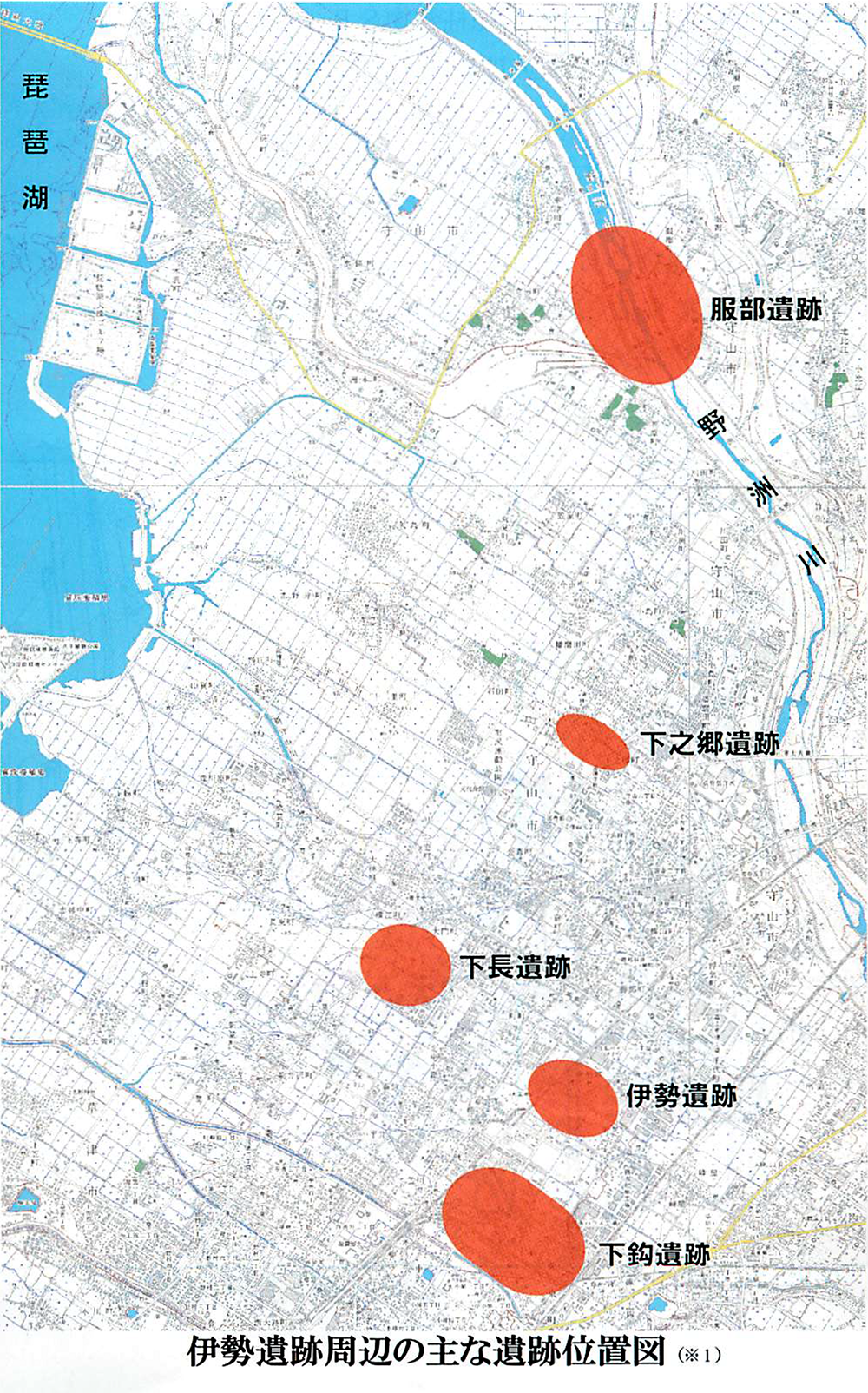 伊勢遺跡周辺の主な遺跡位置図