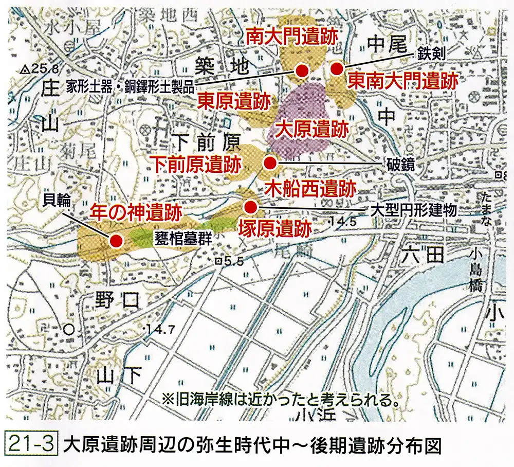 大原(おおばる)遺跡周辺の弥生遺跡の分布