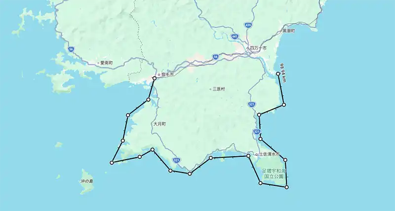 宿毛市から四万十川河口までのルート